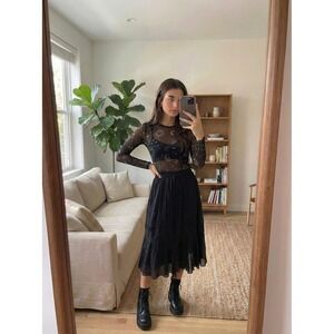 Vintage Beaded Lace Midi Skirt OS Black Embroidered Boho Whimsigoth Fairy Grunge